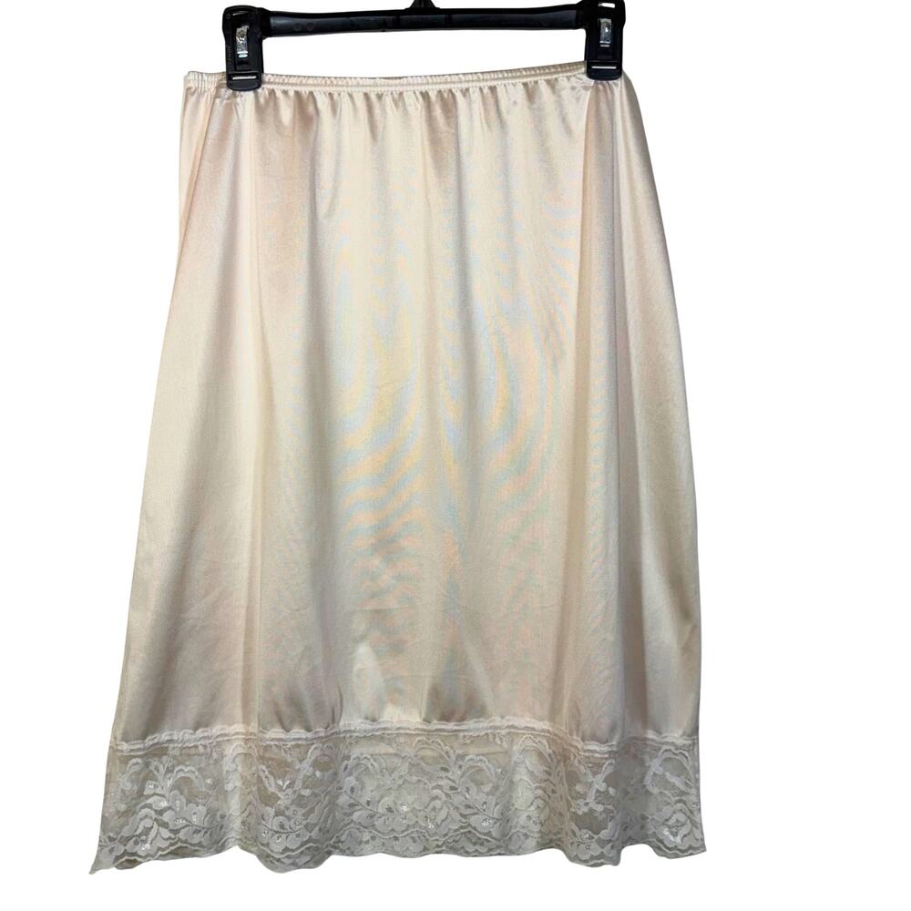 Retro Cream Mid Length Half-Slip Wide Lace Trim Vassarette Large White Vintage